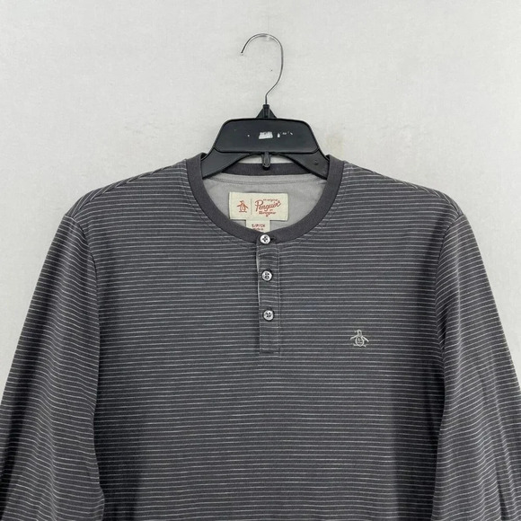 Penguin Munsingwear Henley Shirt Men's Sz S Gray Round Neck Striped Long Sleeve - Picture 6 of 11